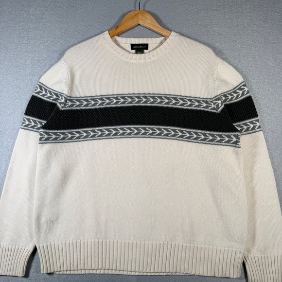 Vintage Eddie Bauer Mens Cream Geometric Stripe Crewneck Sweater Size Medium - Picture 1 of 14